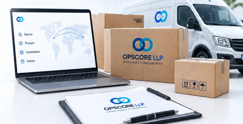 OpsCore procurement illustration: laptop, sourced goods, branded cartons, clipboard and a transport van